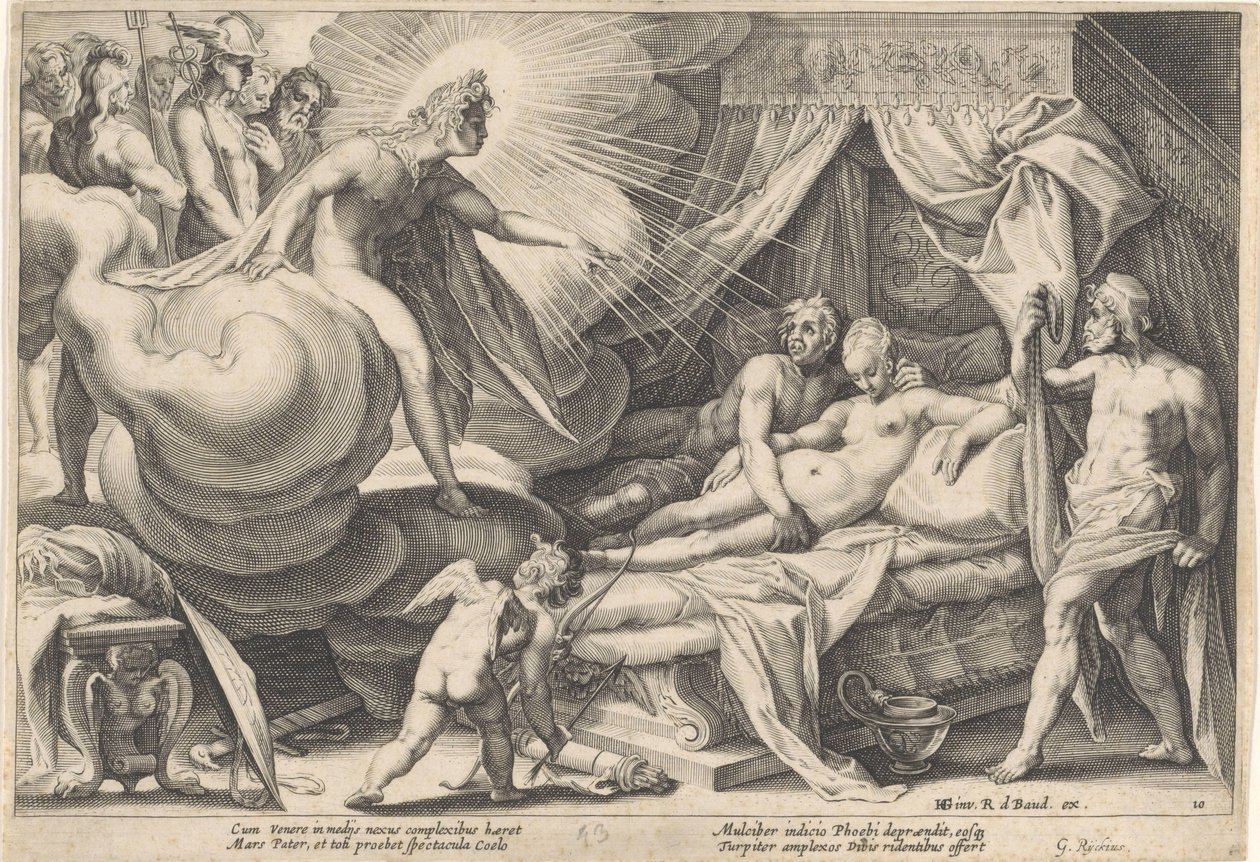 Apollo yllätti Marsin ja Venuksen Metamorphoses of Ovid (sarjan nimi) tekijältä Hendrick Goltzius (workshop of)