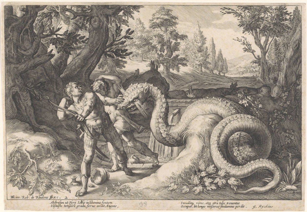 Lohikäärmeen nielaimia Cadmuksen seuralaisia Metamorphoses of Ovid (sarjan nimi) tekijältä Hendrick Goltzius (workshop of)