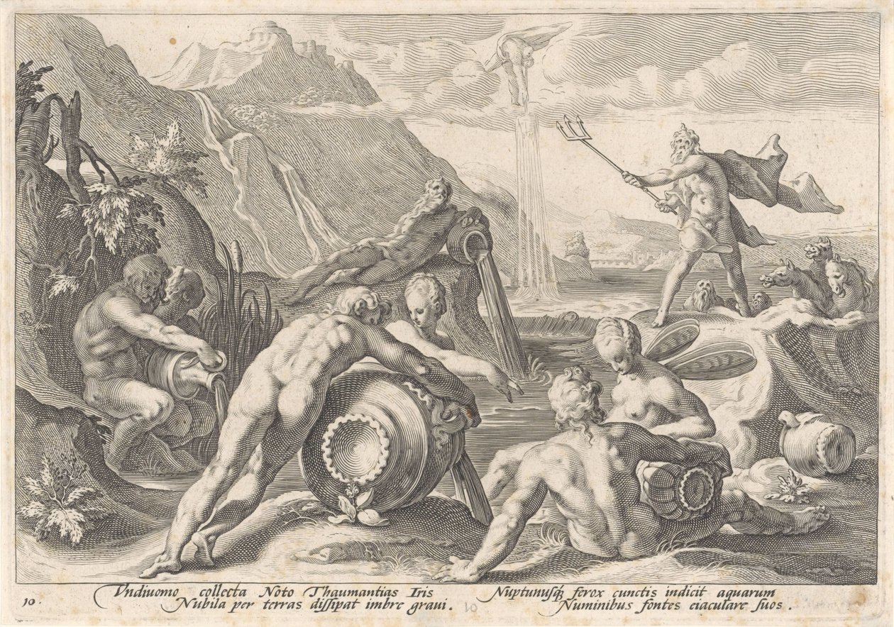 Neptunus käskee jokien jumalia aiheuttamaan tulvan Metamorphoses of Ovid (sarjan nimi) tekijältä Hendrick Goltzius (workshop of)
