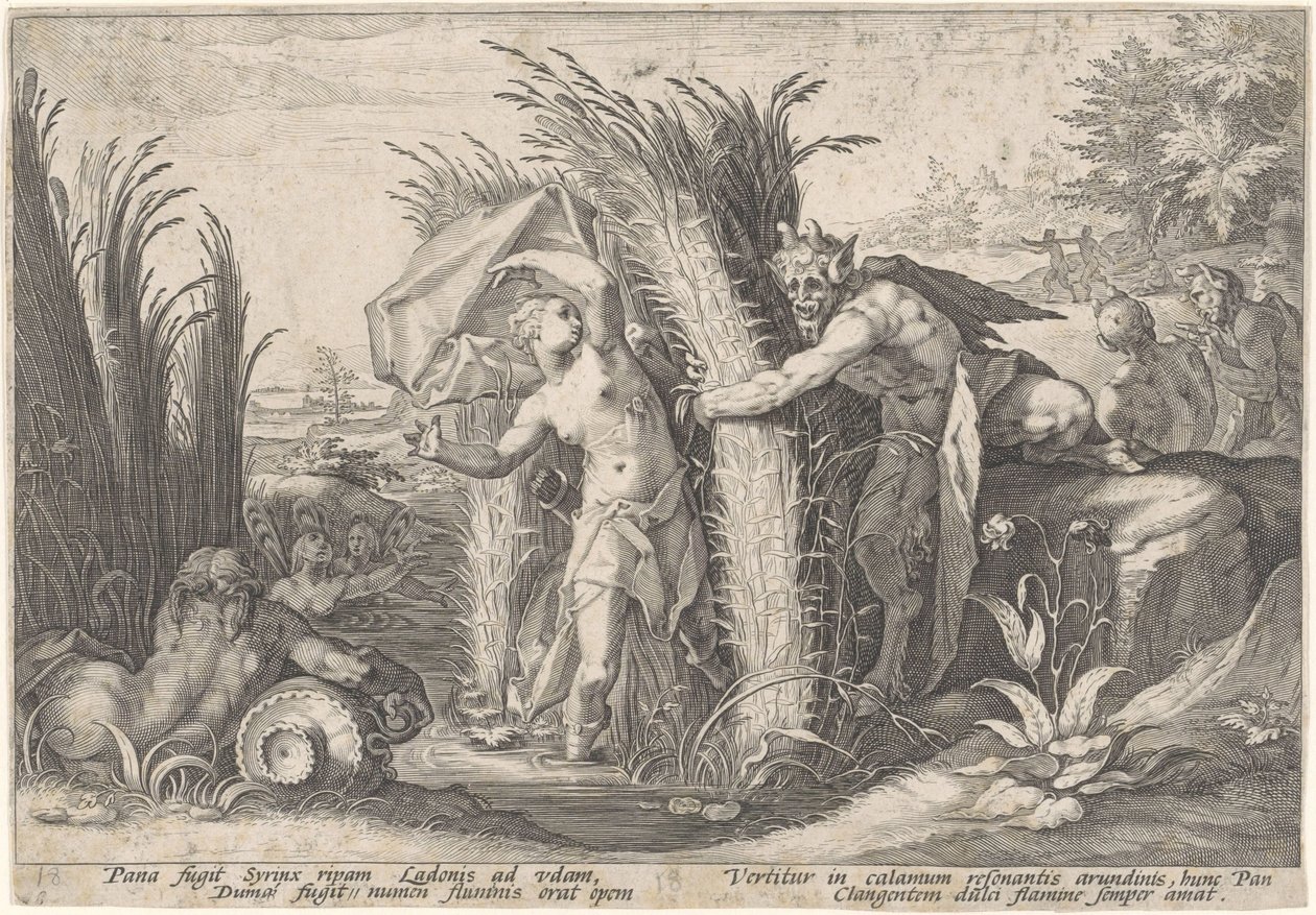 Pan en Syrigs Muuntunut van Ovid (sarjan nimi) tekijältä Hendrick Goltzius (workshop of)