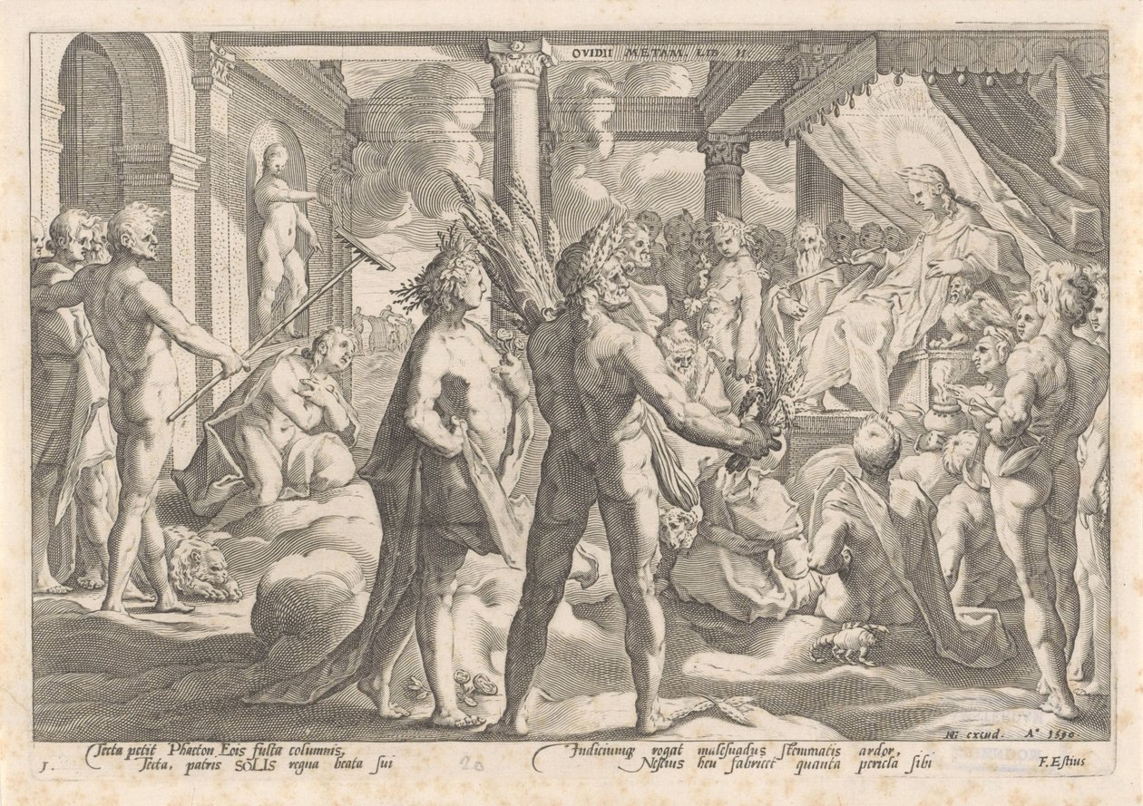 Phaëthon kysyy Apollolta, voiko tämä ajaa vaunuissaan Metamorphoses of Ovid (sarjan nimi) tekijältä Hendrick Goltzius (workshop of)