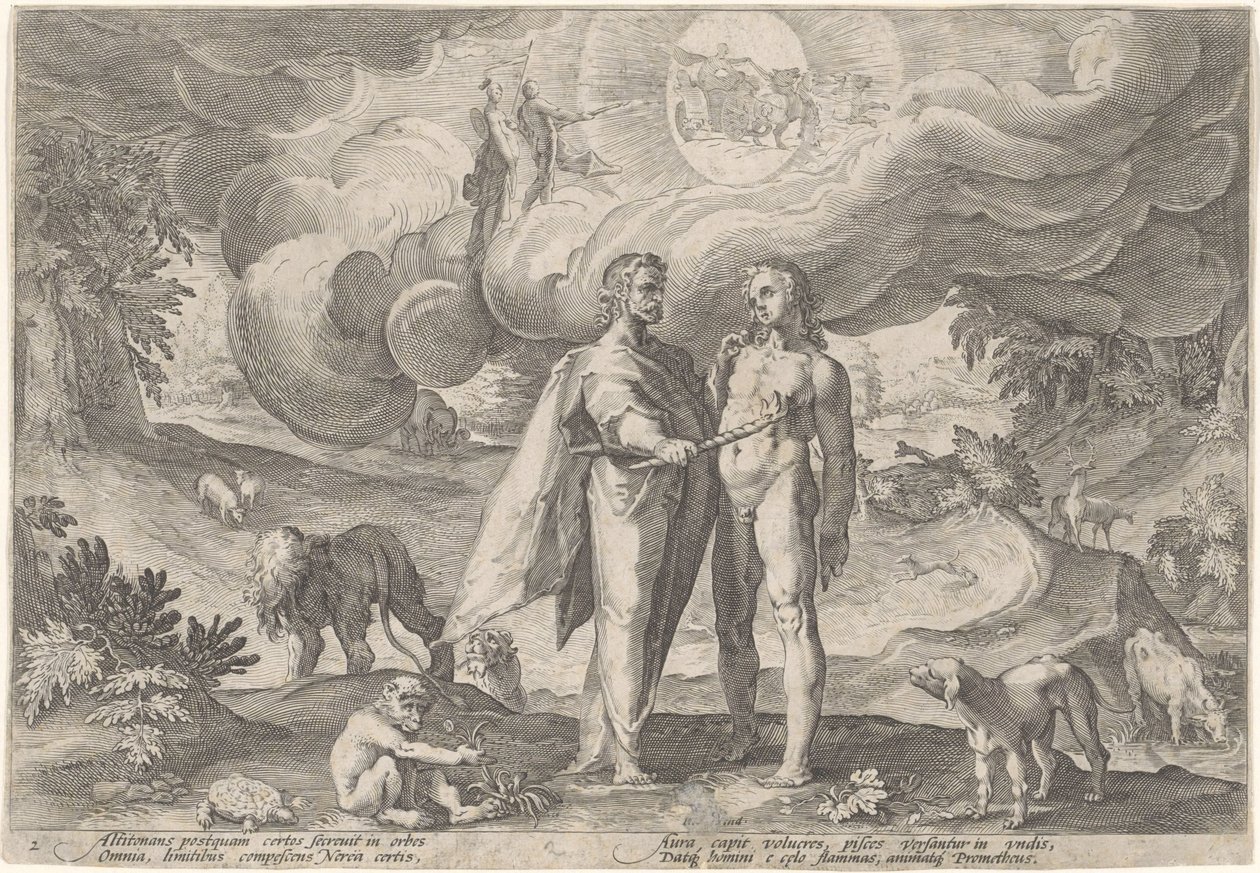 Prometheus luo ensimmäisen ihmisen Metamorphoses of Ovid (sarjan nimi) tekijältä Hendrick Goltzius (workshop of)