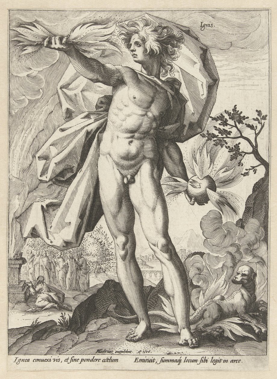 ilotulitus Ignis (otsikko esineessä) The Four Elements (sarjan nimi) tekijältä Hendrick Goltzius (workshop of)
