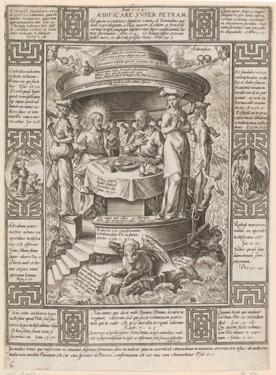 Aedificare super Petram, sarjan ”Kristillisen uskon allegoriat” 6. lehti tekijältä Hendrick Goltzius