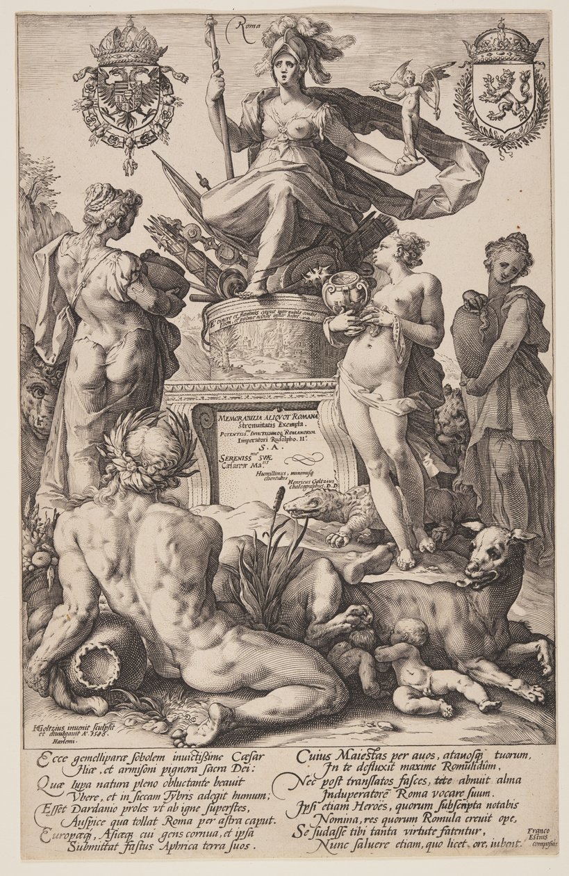 Allegoria Roomasta, nimikilpi teoksesta Roomalaiset sankarit. tekijältä Hendrick Goltzius