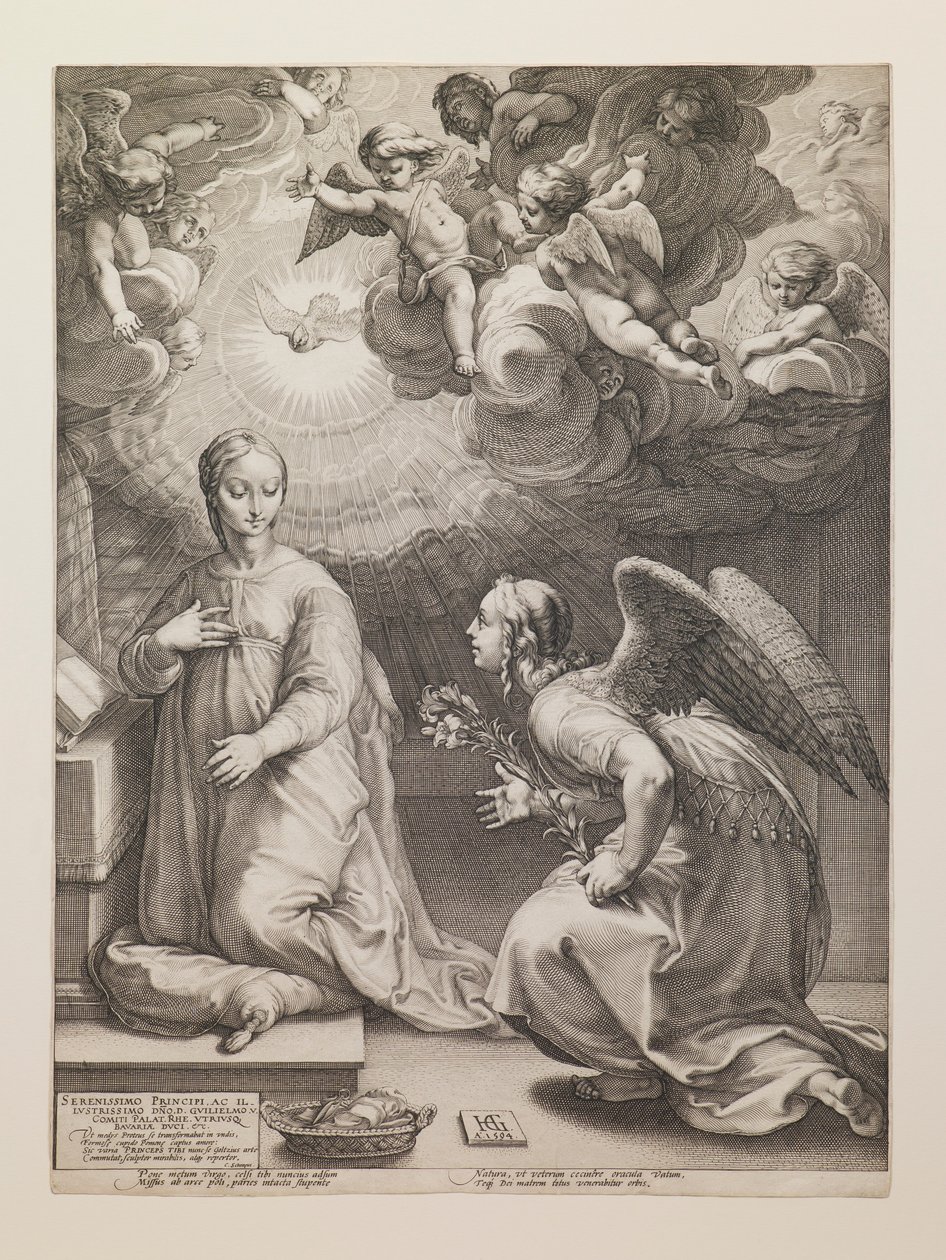 Marian ilmestys, sarjasta "Neitsyt Marian elämä" tekijältä Hendrick Goltzius