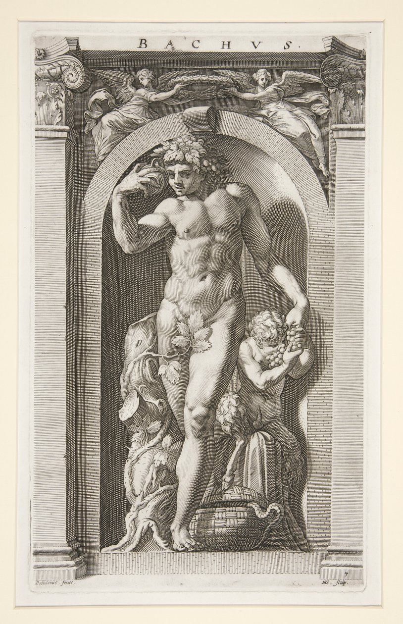 Bacchus, #7 kahdeksan antiikkijumalan sarjassa tekijältä Hendrick Goltzius