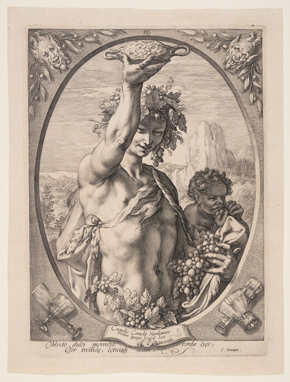 Bacchus, kolmesta pakanallisesta jumalasta ja jumalattaresta. tekijältä Hendrick Goltzius