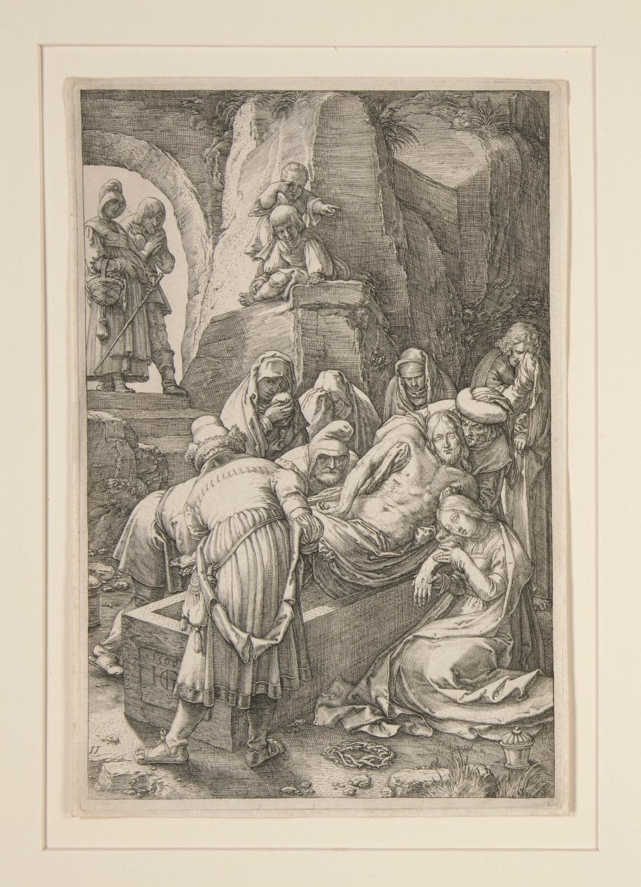 Kristuksen hautaus (The Tombment), The Passion, #11 12 kaiverruksen sarjassa tekijältä Hendrick Goltzius