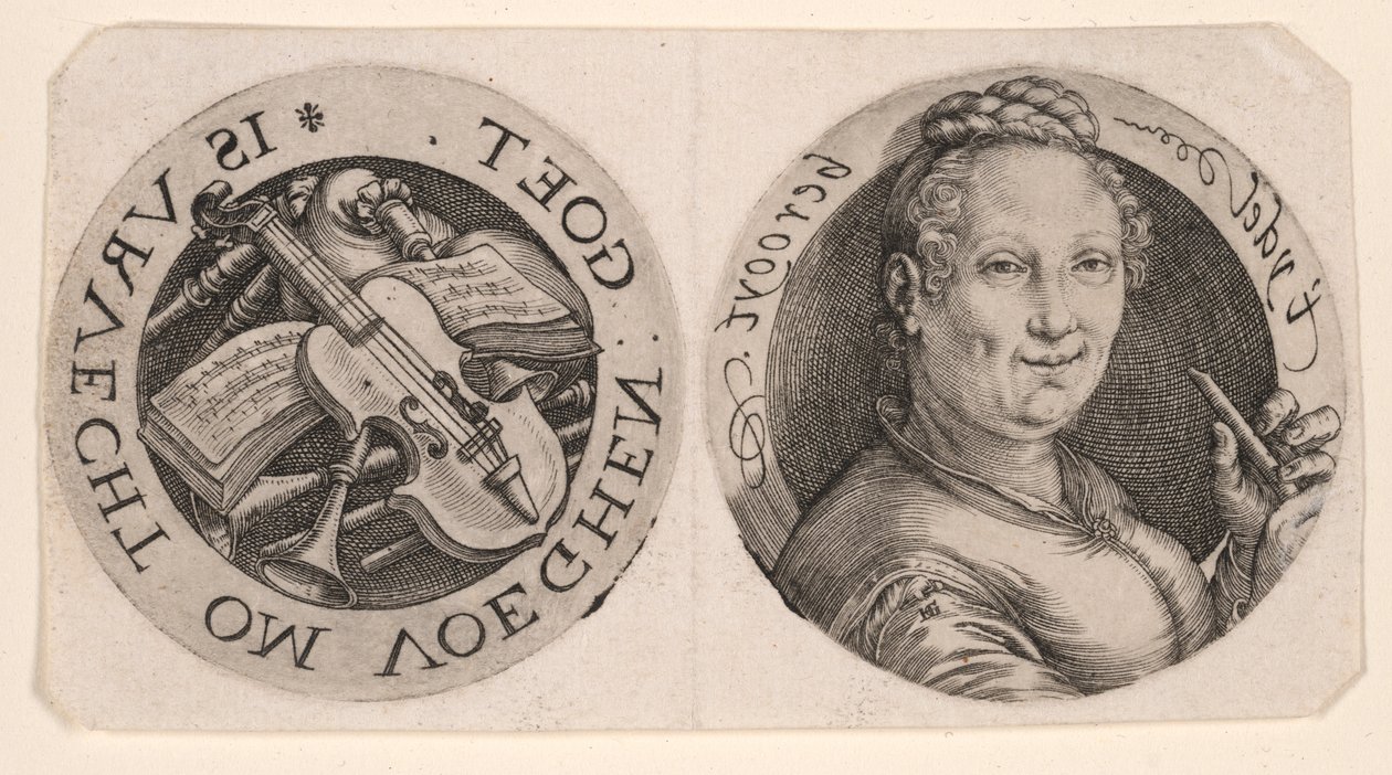 Naisen rintakuva, jolla on kädessään huilu, ja soittimia, yhdellä arkilla. tekijältä Hendrick Goltzius