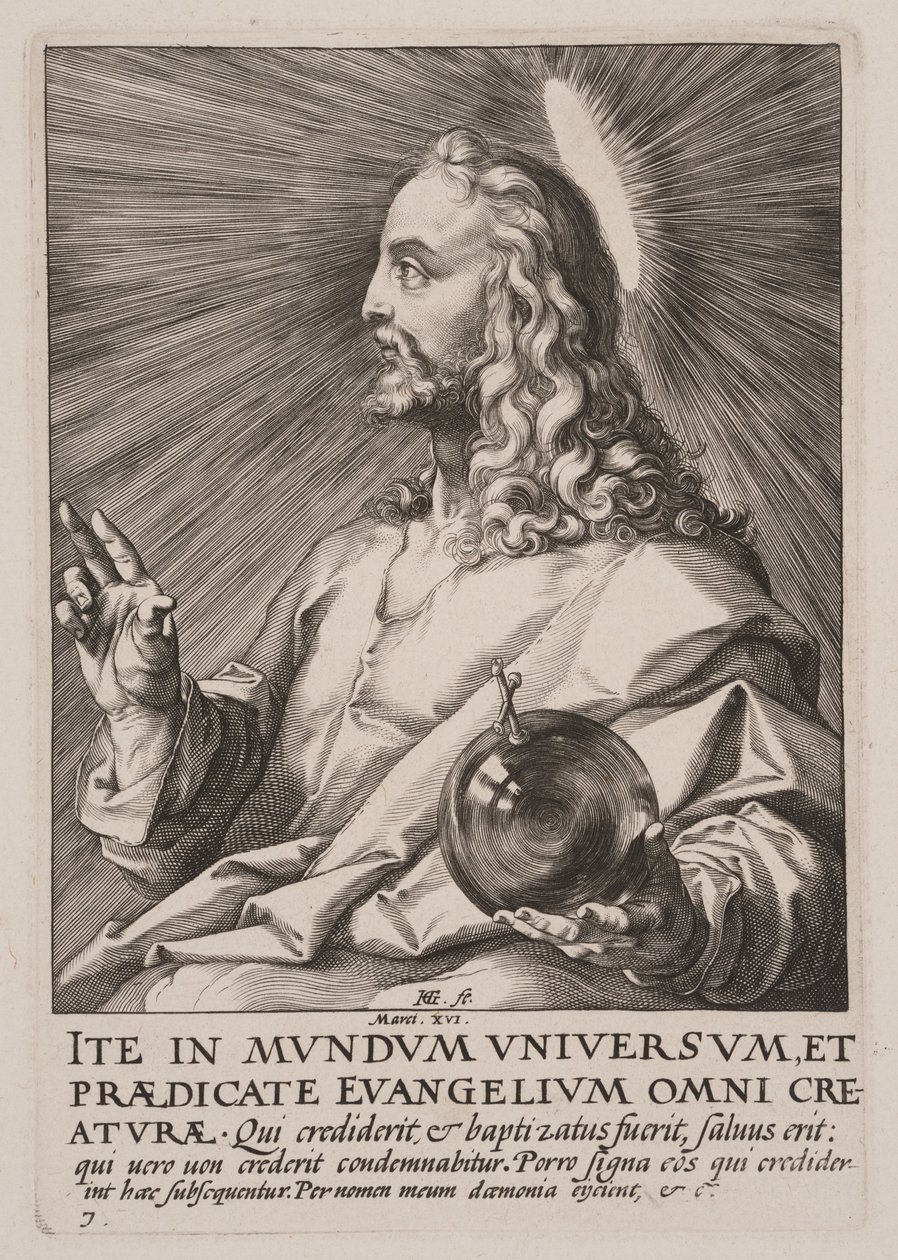 Kristus (Salvator Mundi), Kristuksesta, apostoleista ja Paavalista uskontunnustuksen kera tekijältä Hendrick Goltzius