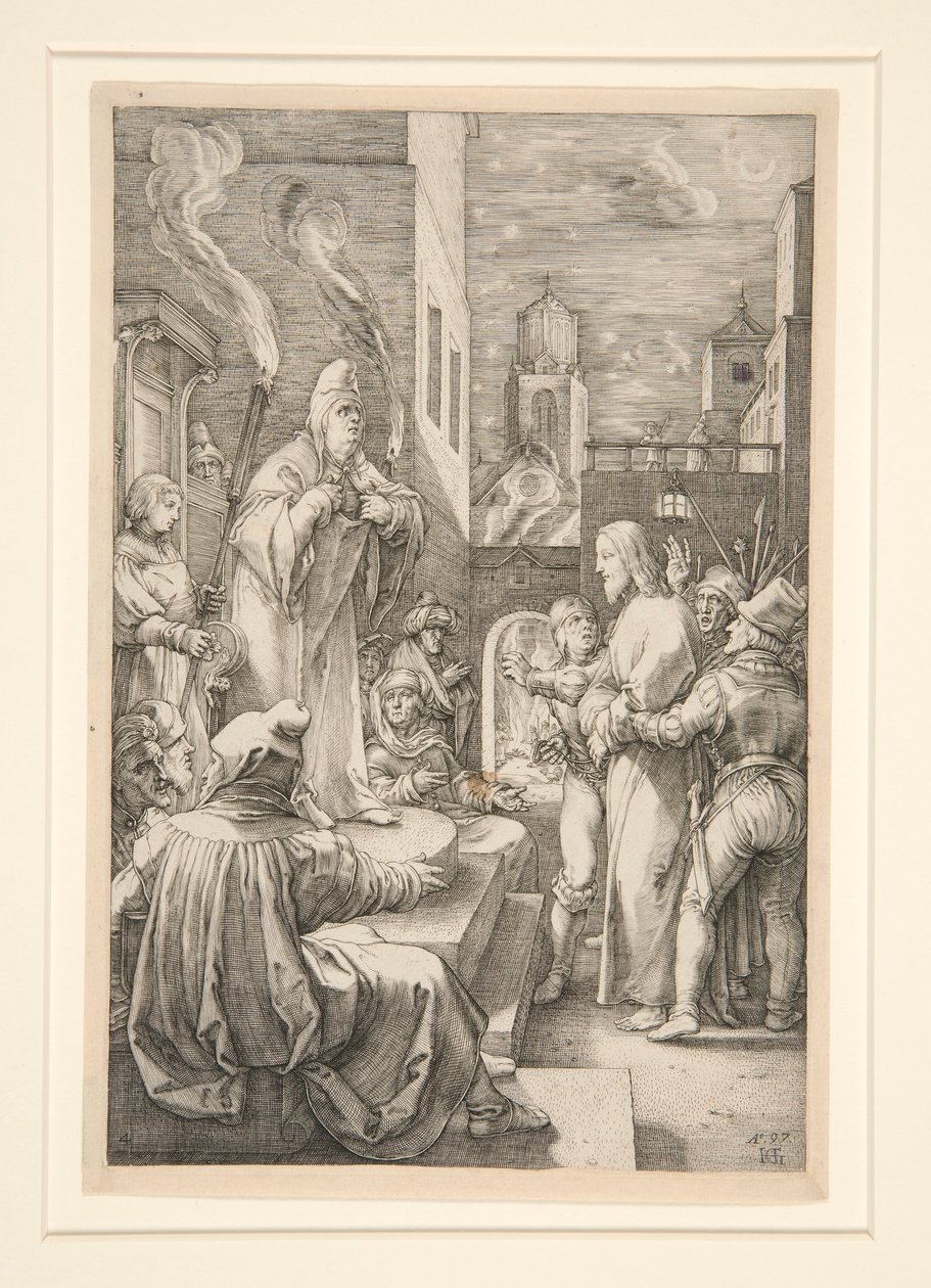 Christ Before Caiphas, The Passion, #4 12 kaiverruksen sarjassa tekijältä Hendrick Goltzius