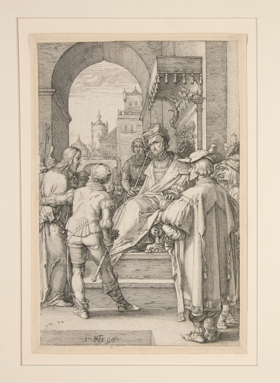 Kristus Pilatuksen edessä, The Passion, numero 5 12 kaiverruksen sarjassa tekijältä Hendrick Goltzius
