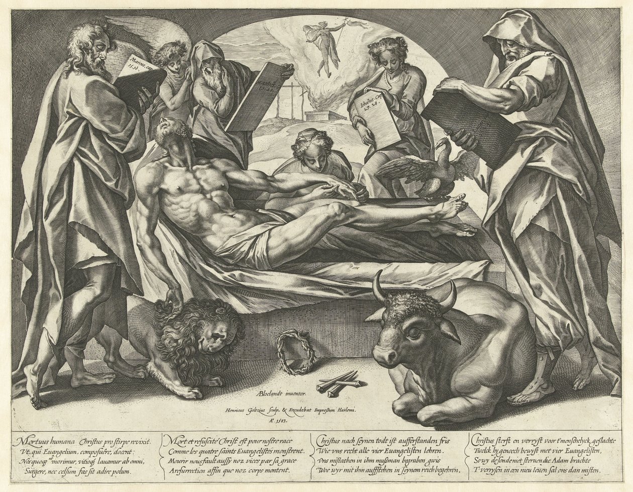 Kuollut Kristus ja neljä evankelistaa tekijältä Hendrick Goltzius