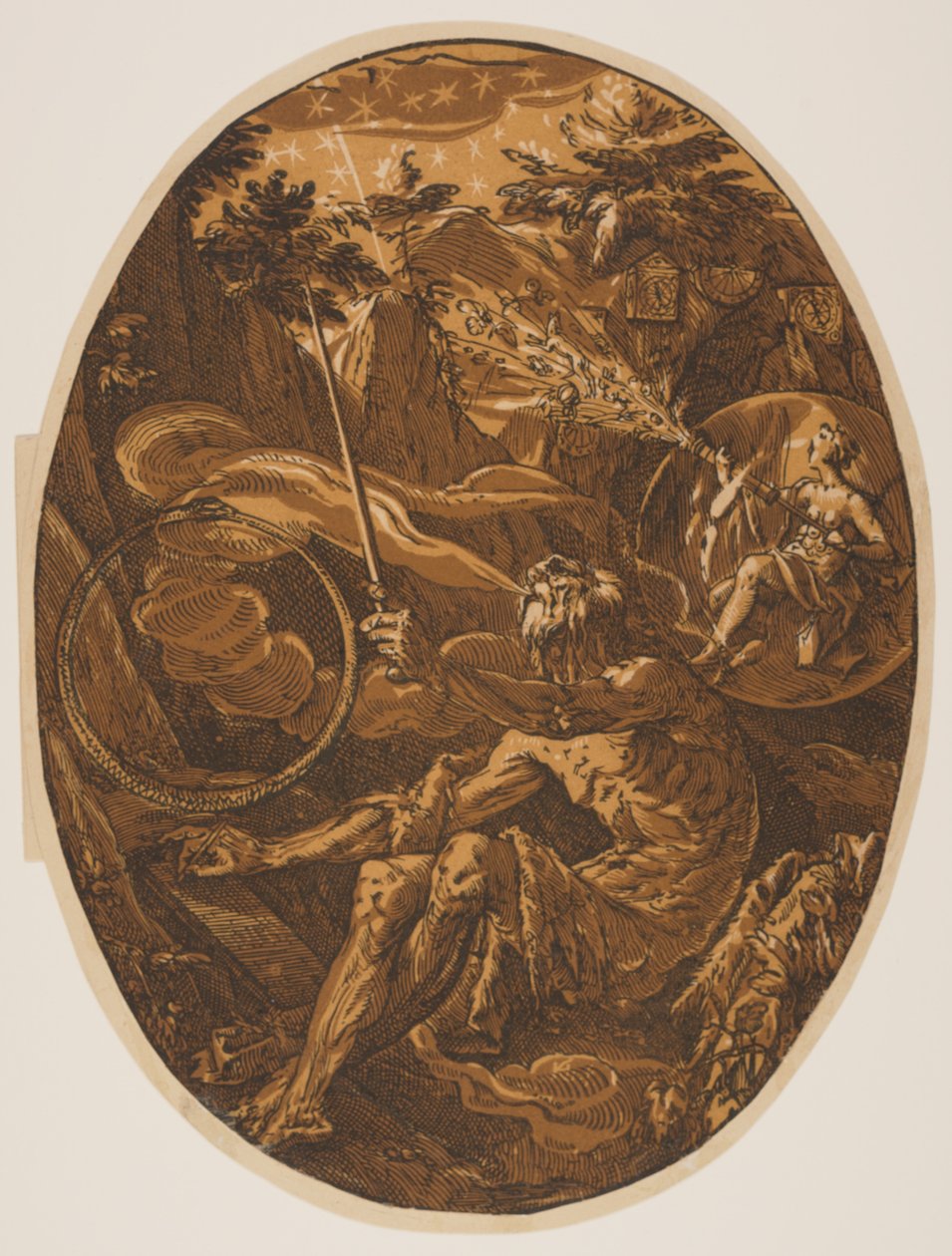 Demogorgon Ikuisuuden luolassa, elokuvasta Jumaluuksia tekijältä Hendrick Goltzius