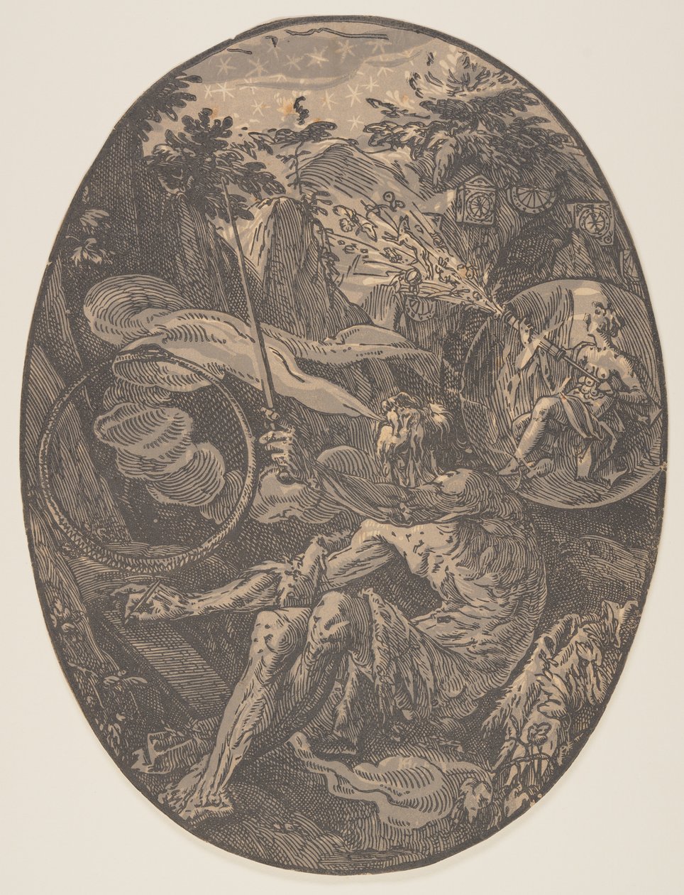 Demogorgon Ikuisuuden luolassa, elokuvasta Jumaluuksia tekijältä Hendrick Goltzius