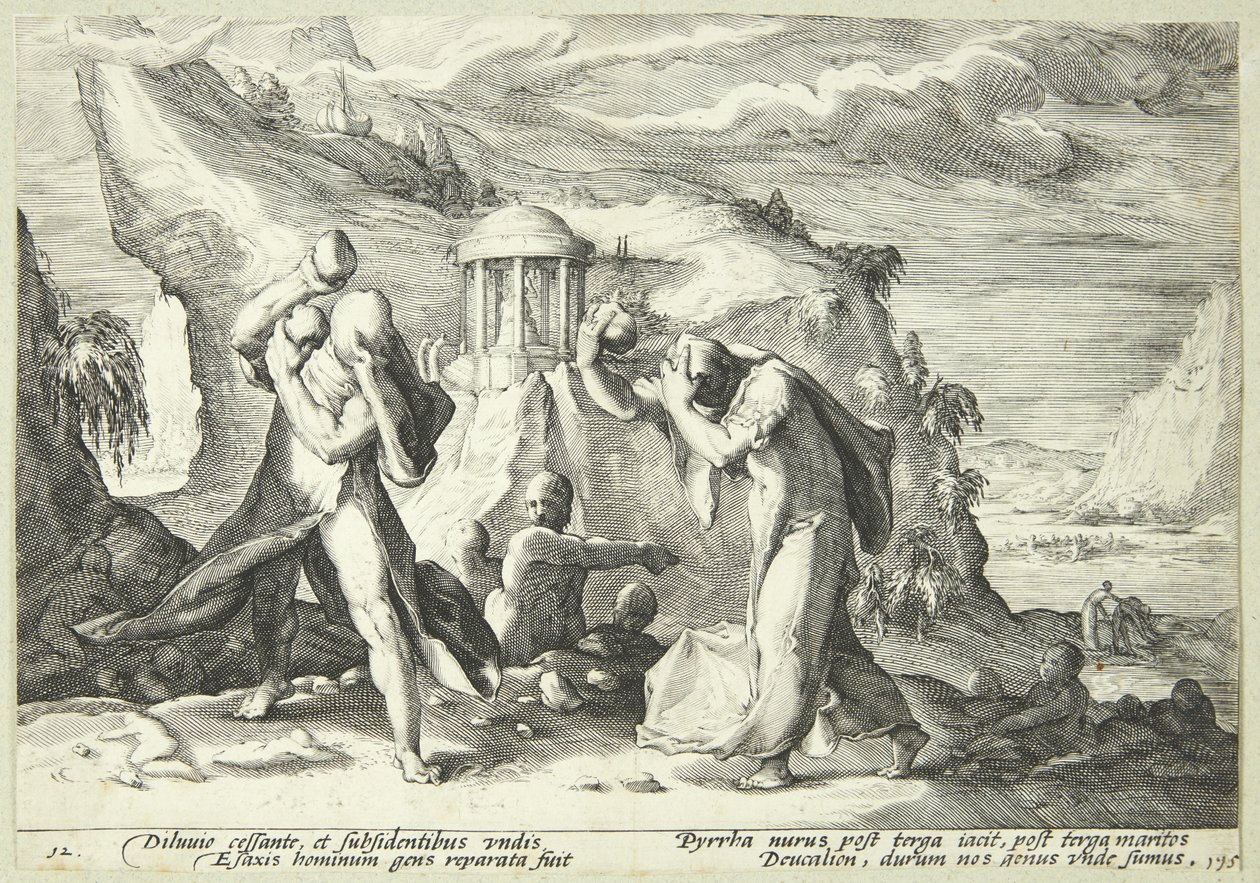 Deukalion i Pyrrha poblen el món en neofinès tekijältä Hendrick Goltzius