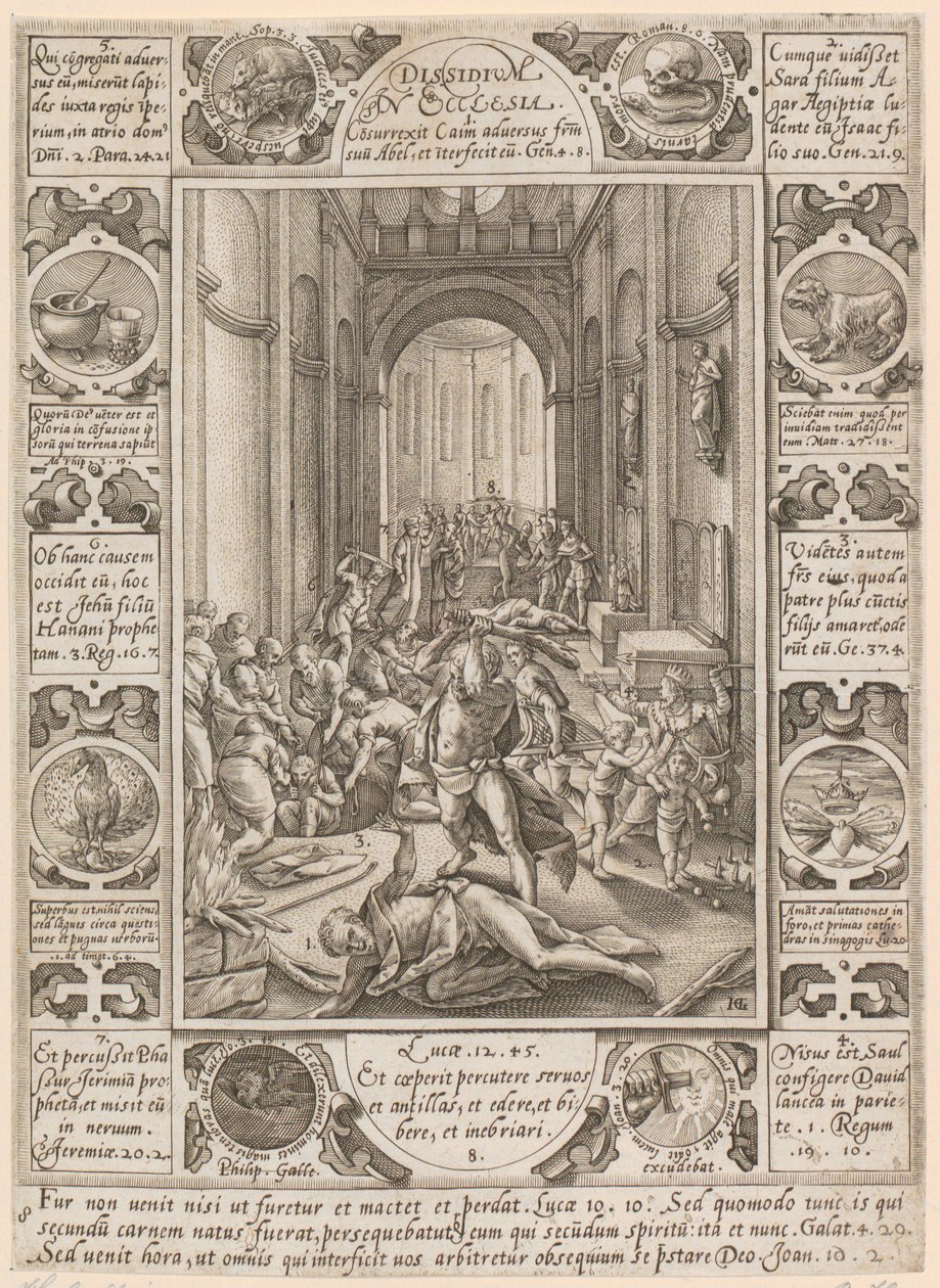Dissidium in Ecclesia, sarjan ”Kristillisen uskon allegoriat” 8. lehti tekijältä Hendrick Goltzius
