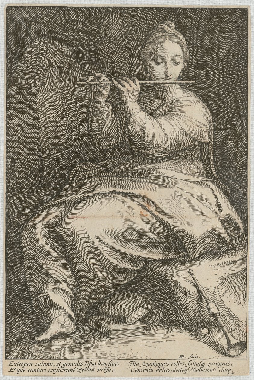 Euterpe, sarjan ”Yhdeksän muusa” 6. lehti tekijältä Hendrick Goltzius