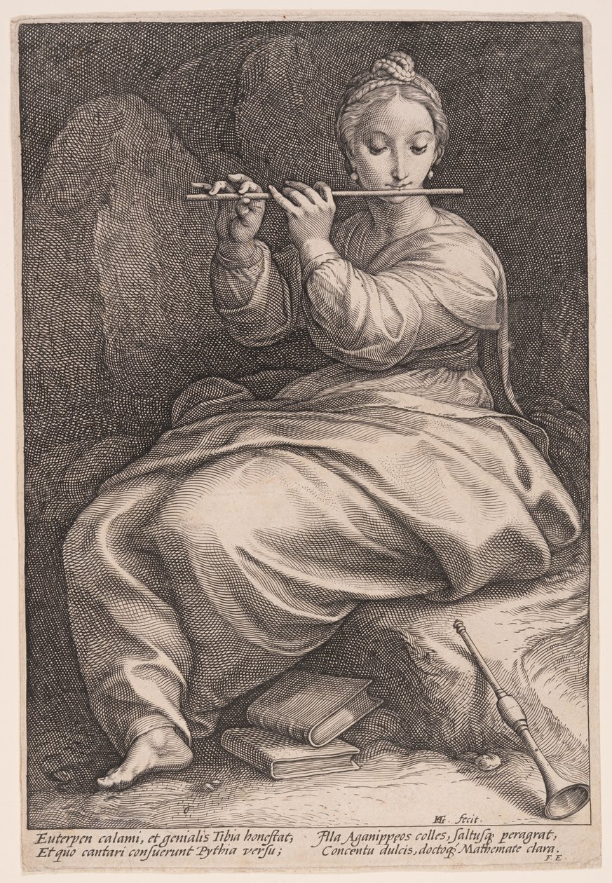 Euterpe, musiikin muusa, teoksesta The Nine Muses (Yhdeksän muusaa). tekijältä Hendrick Goltzius