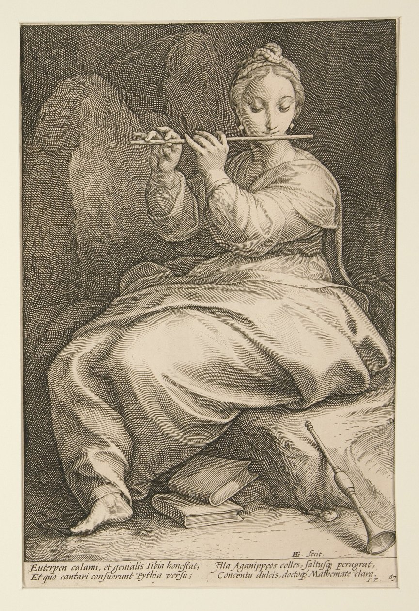 Euterpe, kuva 6 sarjasta ”Yhdeksän muusa” tekijältä Hendrick Goltzius