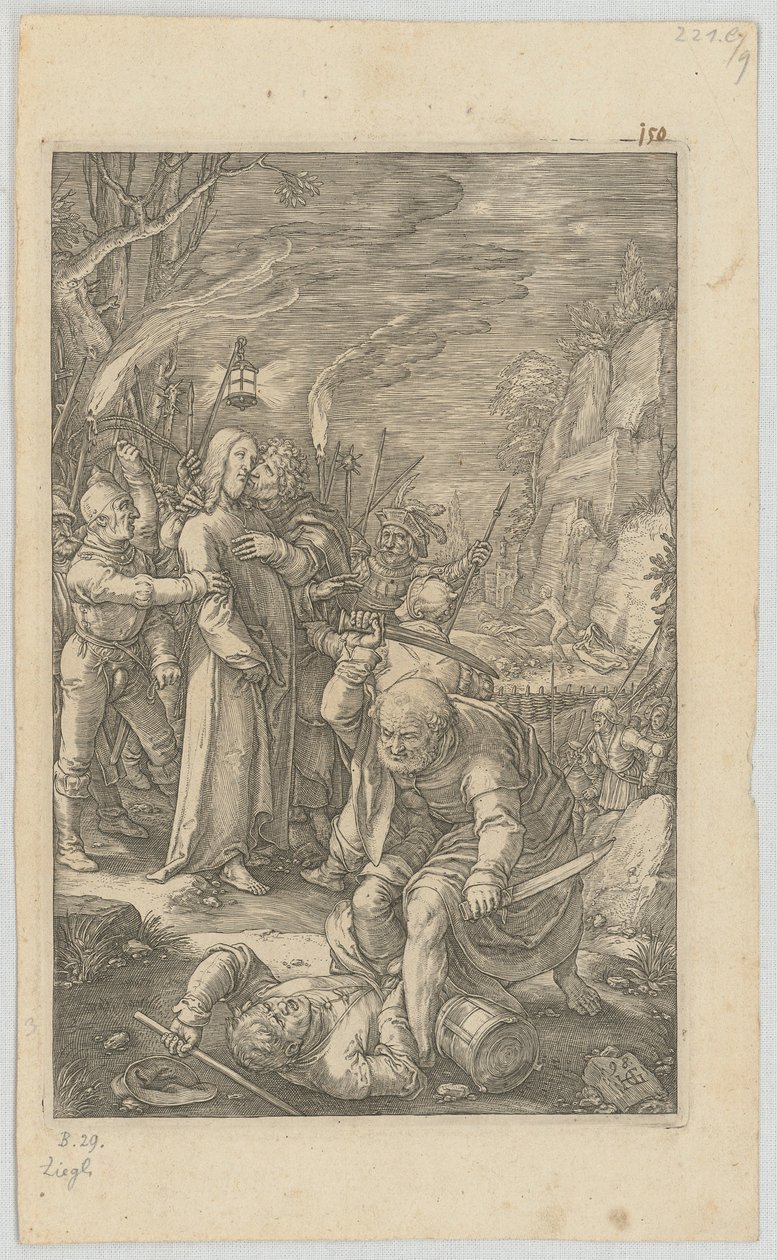 Kristuksen vangitseminen, sarjan "Passio" lehti 3 tekijältä Hendrick Goltzius