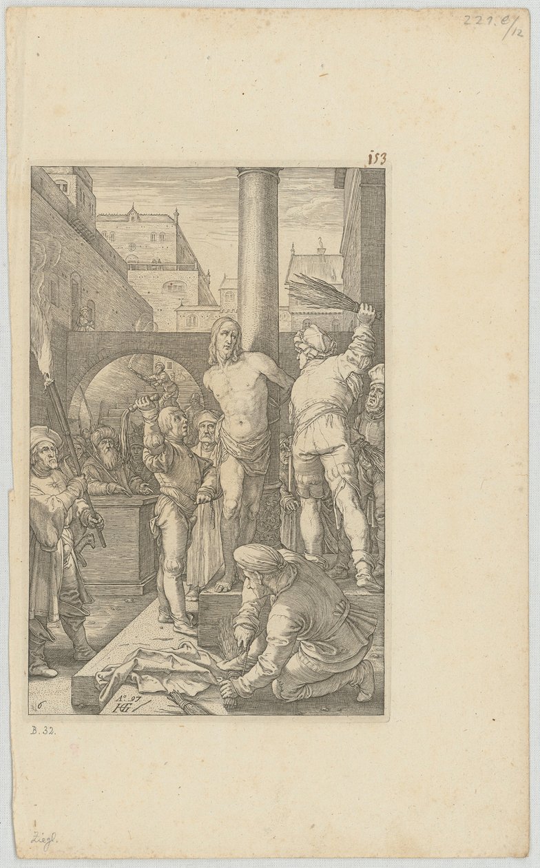 Kristuksen ruoskiminen, sarjan ”Die Passion” 6. sivu tekijältä Hendrick Goltzius