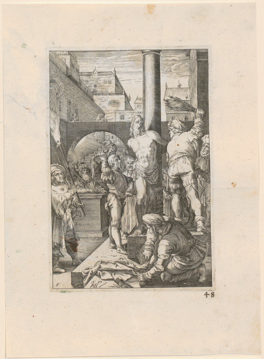 Kristuksen ruoskiminen, sarjan ”Die Passion” 6. sivu tekijältä Hendrick Goltzius
