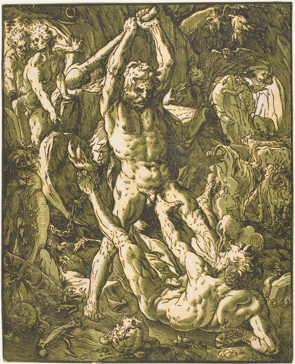 Hercules tappaa Cacuksen tekijältä Hendrick Goltzius