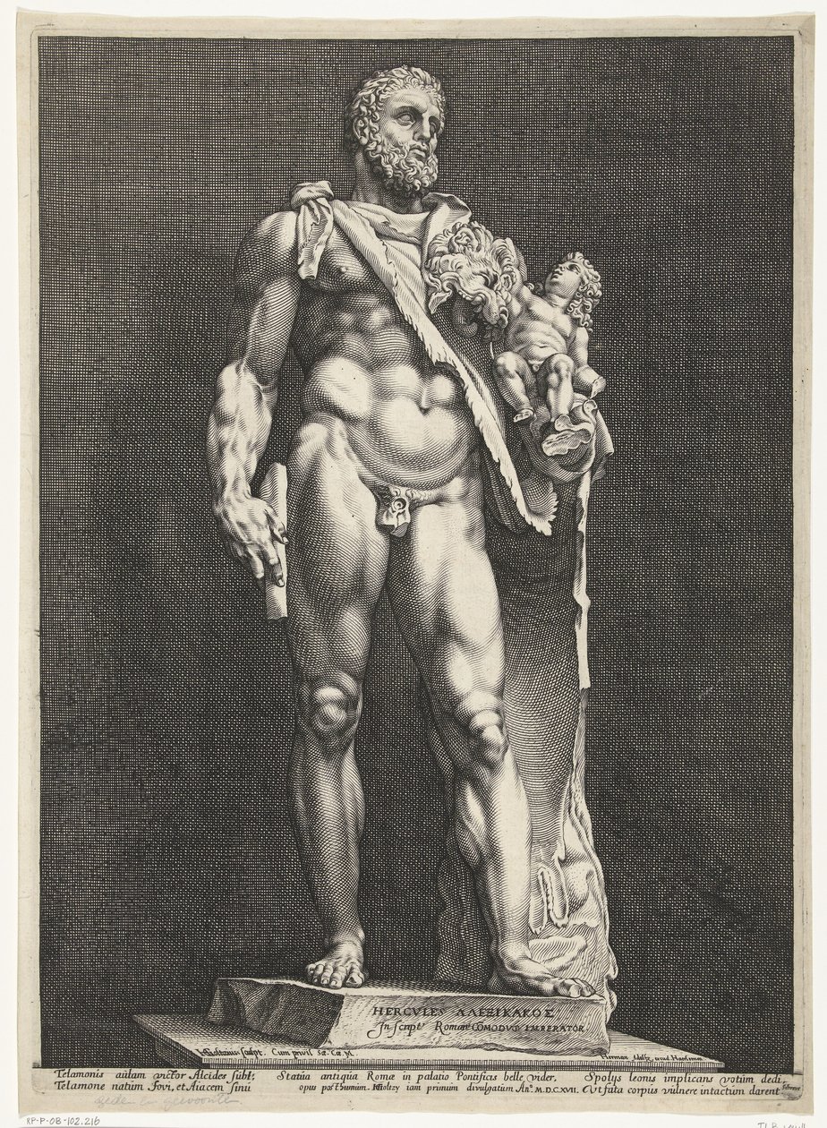 Hercules ja Telephos Keisari Commodus hahmona Hercules Kolme antiikkipatsasta Roomassa (sarjan nimi) tekijältä Hendrick Goltzius