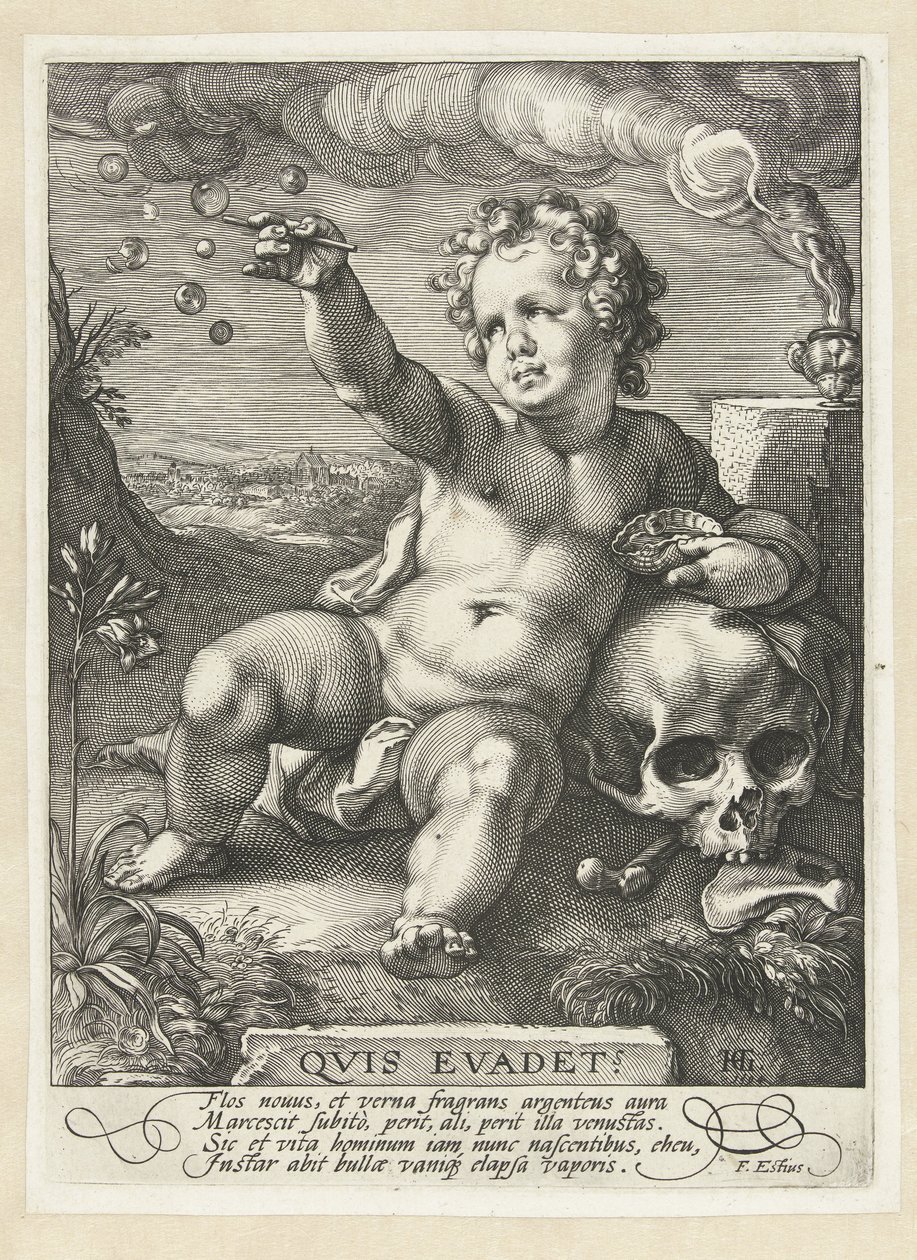 Homo bulla Kuka vältti? (otsikko esineessä) tekijältä Hendrick Goltzius