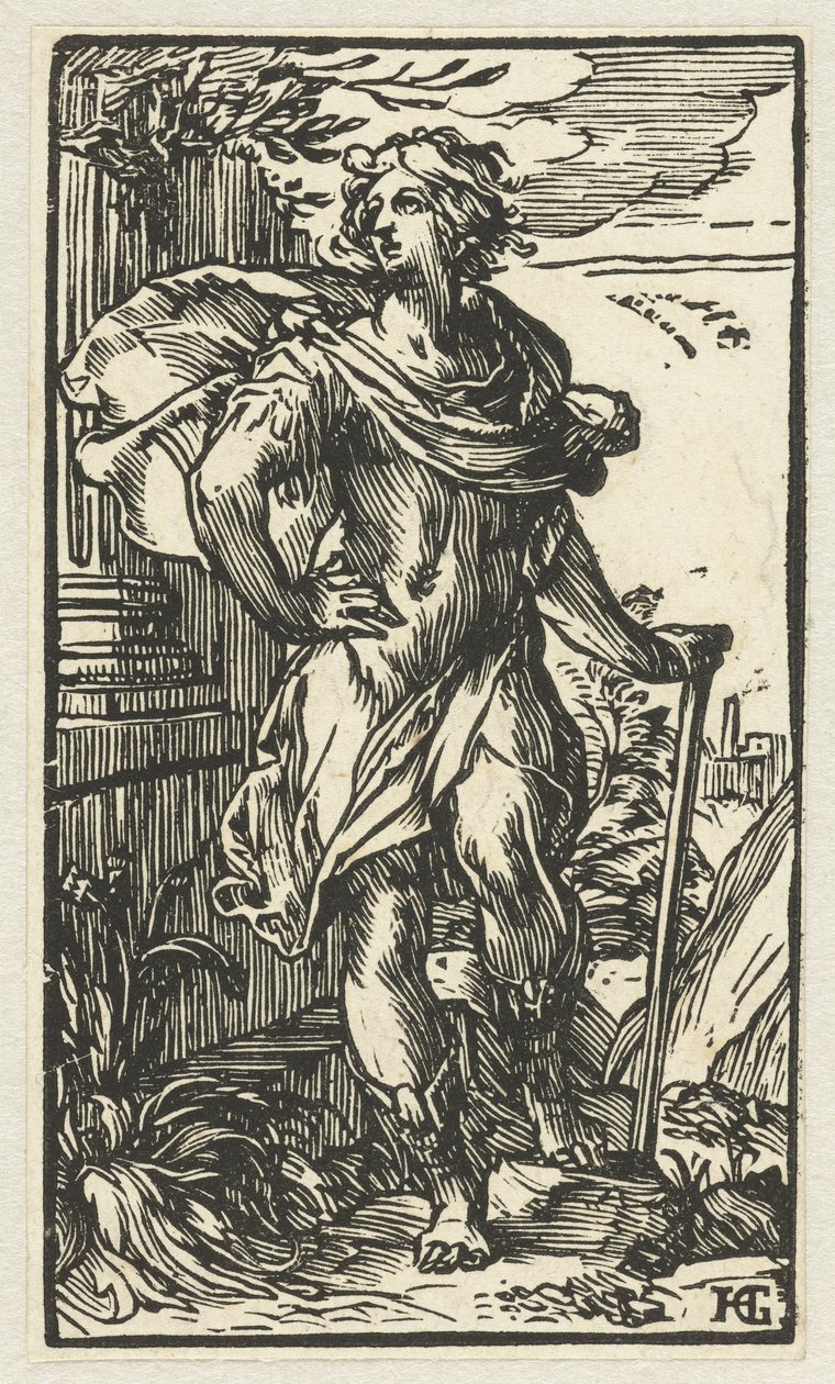 Nuori mies kävelykepin kanssa tekijältä Hendrick Goltzius