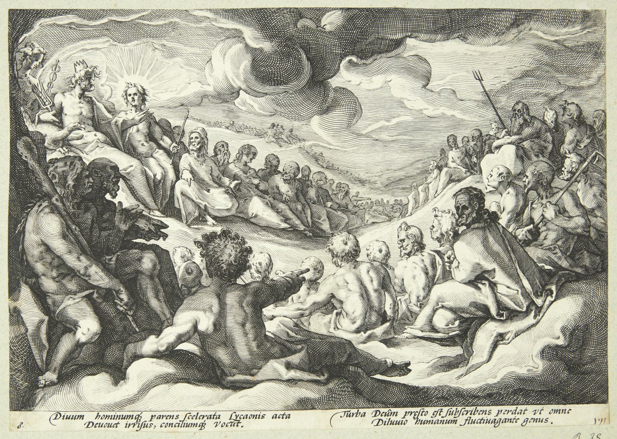 Jupiter neuvottelee jumalien kanssa maailmankaikkeuden tuhoamisesta tekijältä Hendrick Goltzius