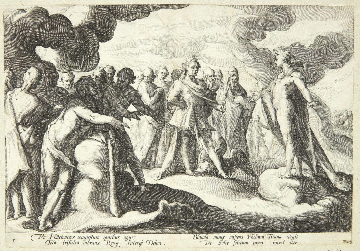 Jupiter ja jumalat pyytävät Heliosia ottamaan uudelleen auringon vaunun hallintaan tekijältä Hendrick Goltzius