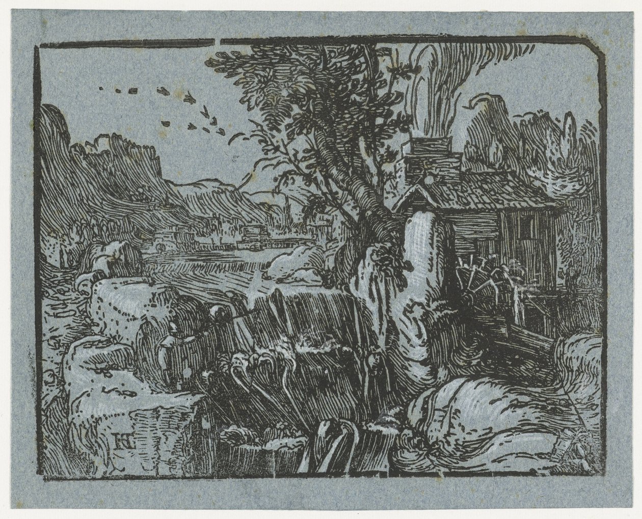 Maisema vesiputouksella Neljä pientä maisemaa (sarjan nimi) tekijältä Hendrick Goltzius