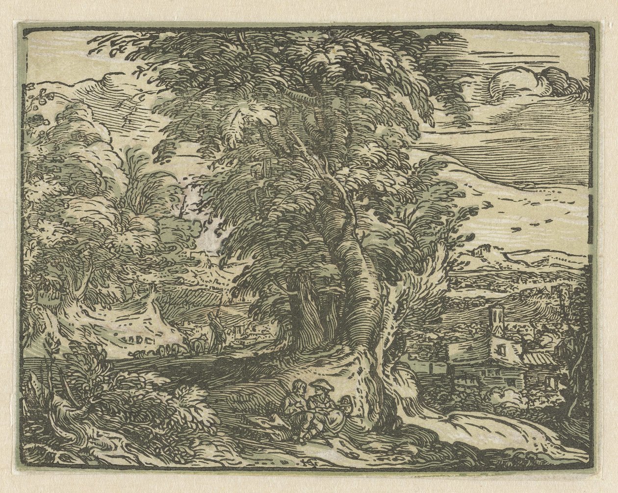 Maisema istuva pari Neljä pientä maisemaa (sarjan nimi) tekijältä Hendrick Goltzius