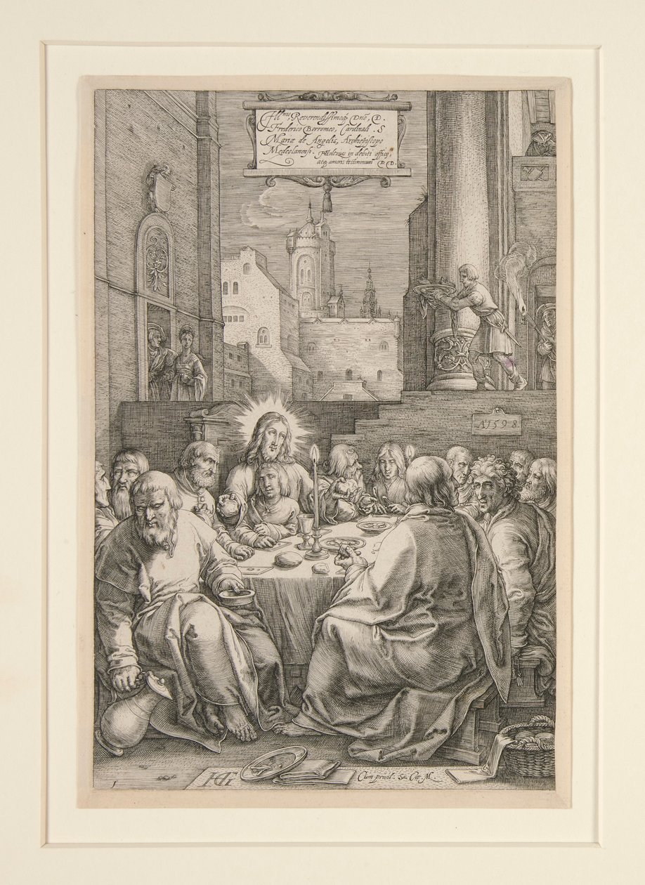 Viimeinen ehtoollinen, The Passion, nro 1 12 kaiverruksen sarjassa tekijältä Hendrick Goltzius