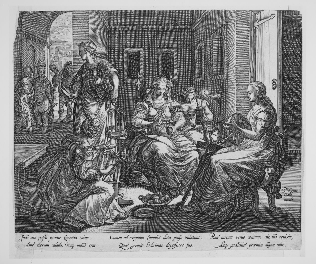 Lucretia ja hänen naisensa kehräämässä tekijältä Hendrick Goltzius