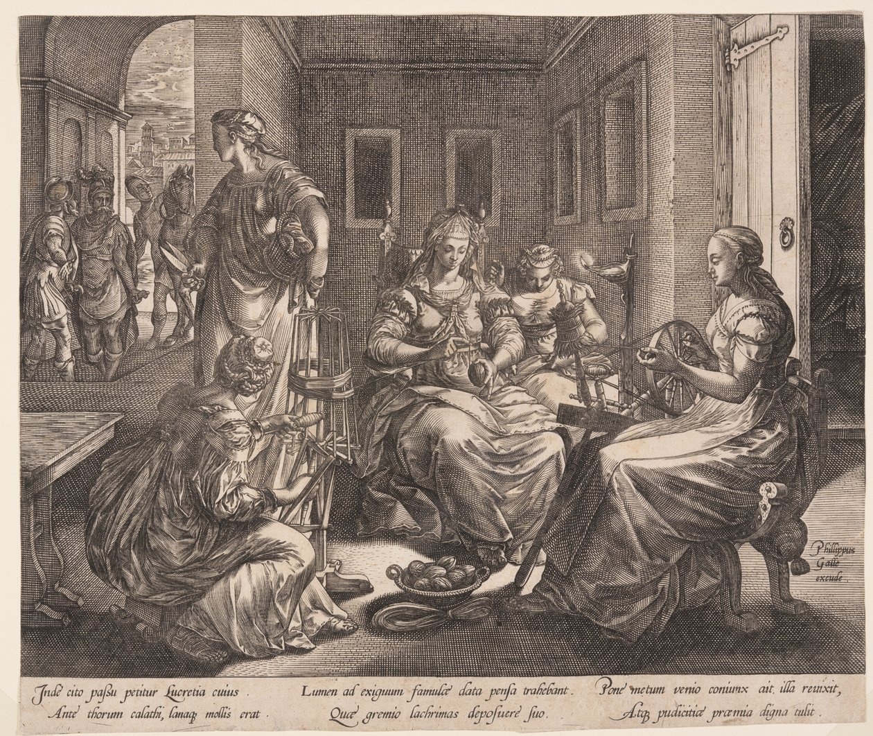 Lucretia ja hänen naisensa kehräämässä, Lucretian tarina -teoksesta tekijältä Hendrick Goltzius