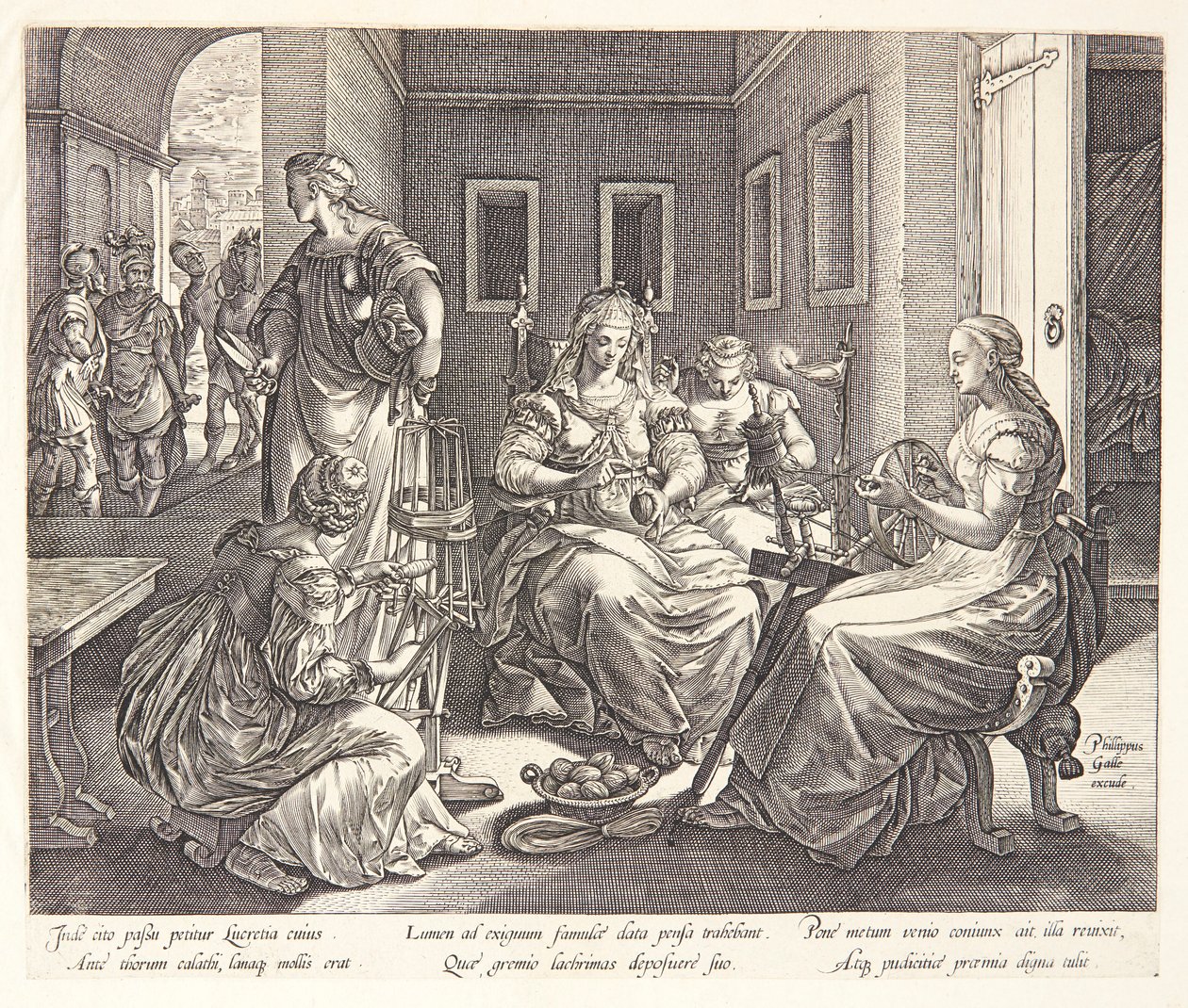 Lucretia kehrää hovineitiensä kanssa tekijältä Hendrick Goltzius