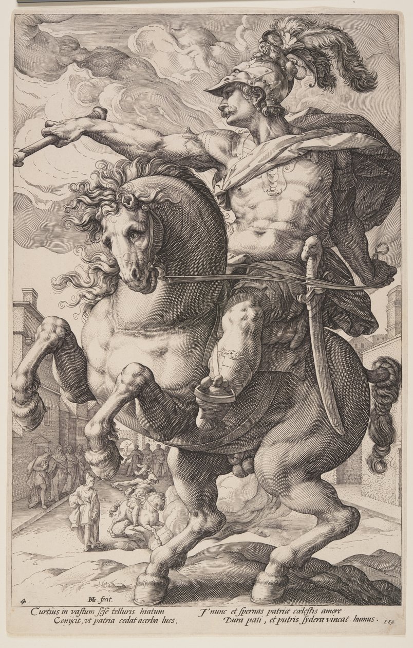 Marcus Curtius hevosen selässä, roomalaisista sankareista. tekijältä Hendrick Goltzius