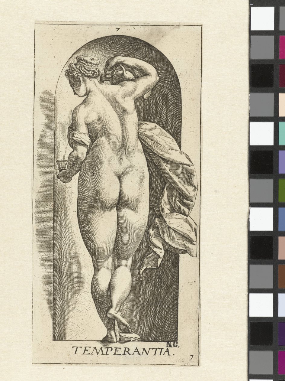 raittius Temperance (otsikko esineessä) Seitsemän hyvettä (sarjan nimi) tekijältä Hendrick Goltzius
