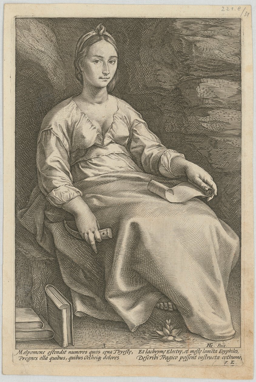 Melpomene, sarjan ”Yhdeksän muusa” 3. sivu tekijältä Hendrick Goltzius