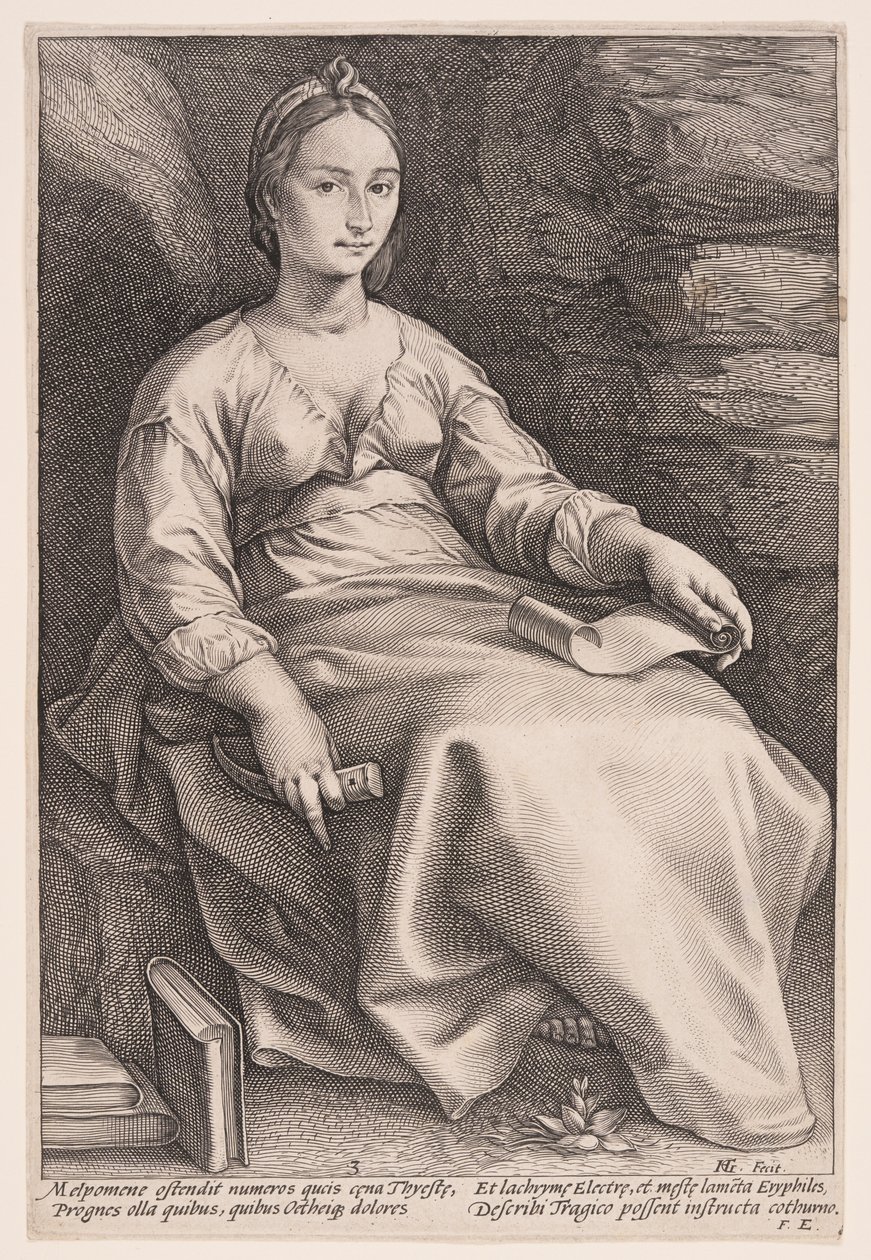 Melpomene, tragedian muusa, teoksesta Yhdeksän muusaa. tekijältä Hendrick Goltzius