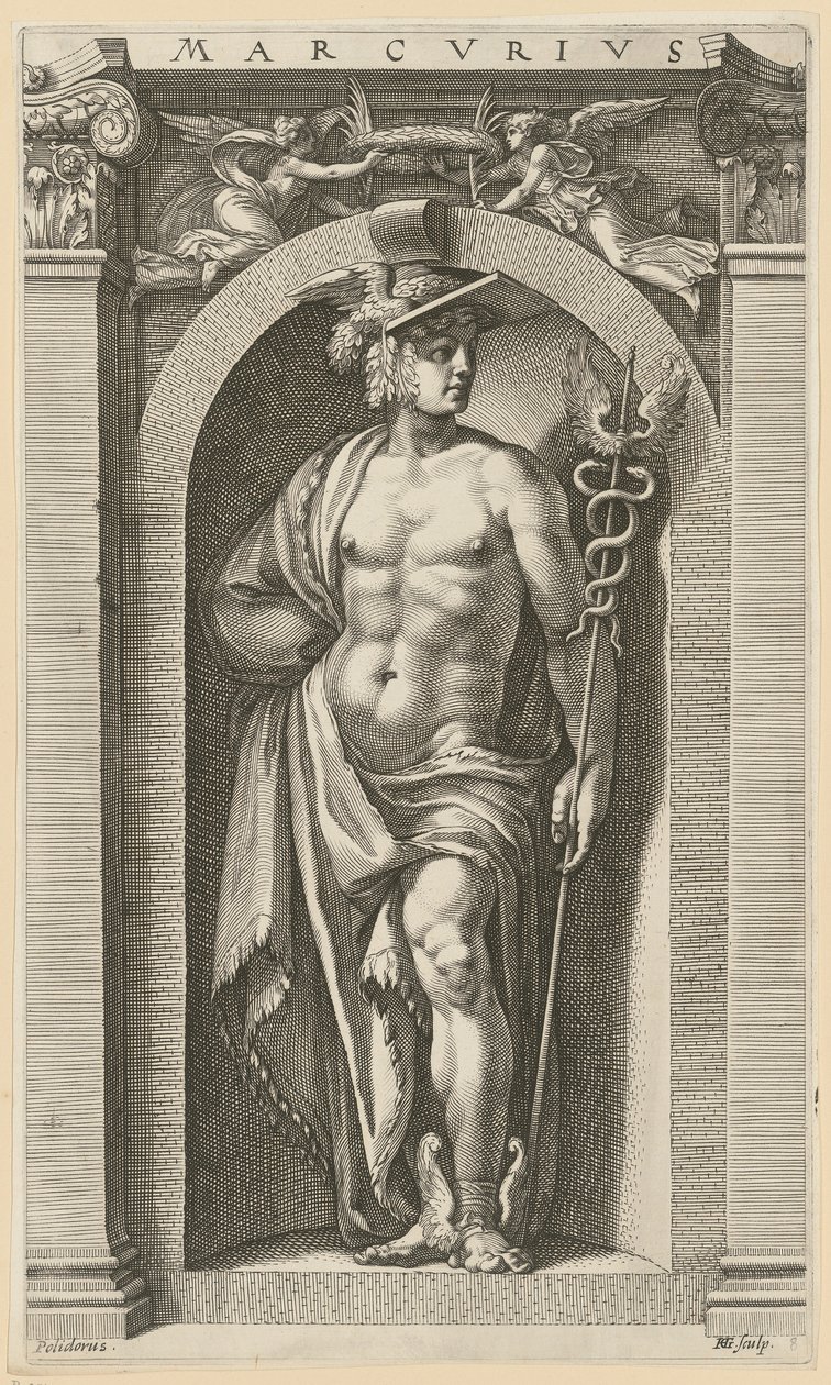 Merkurius, sarjan ”Kahdeksan antiikin jumaluutta” 8. lehti tekijältä Hendrick Goltzius