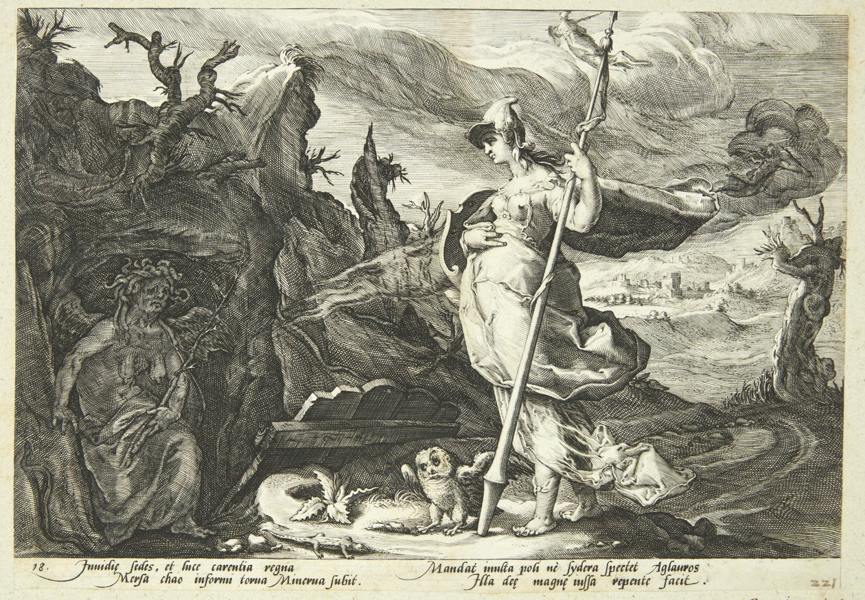 Minerva käskee kateutta täyttämään Agraulosin sydämen kateudella tekijältä Hendrick Goltzius