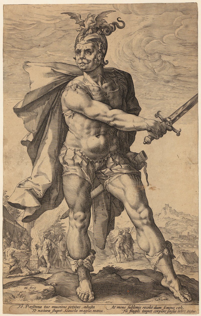 Mucius Scaevola, sarjan ”Roomalaiset sankarit” 3. sivu tekijältä Hendrick Goltzius