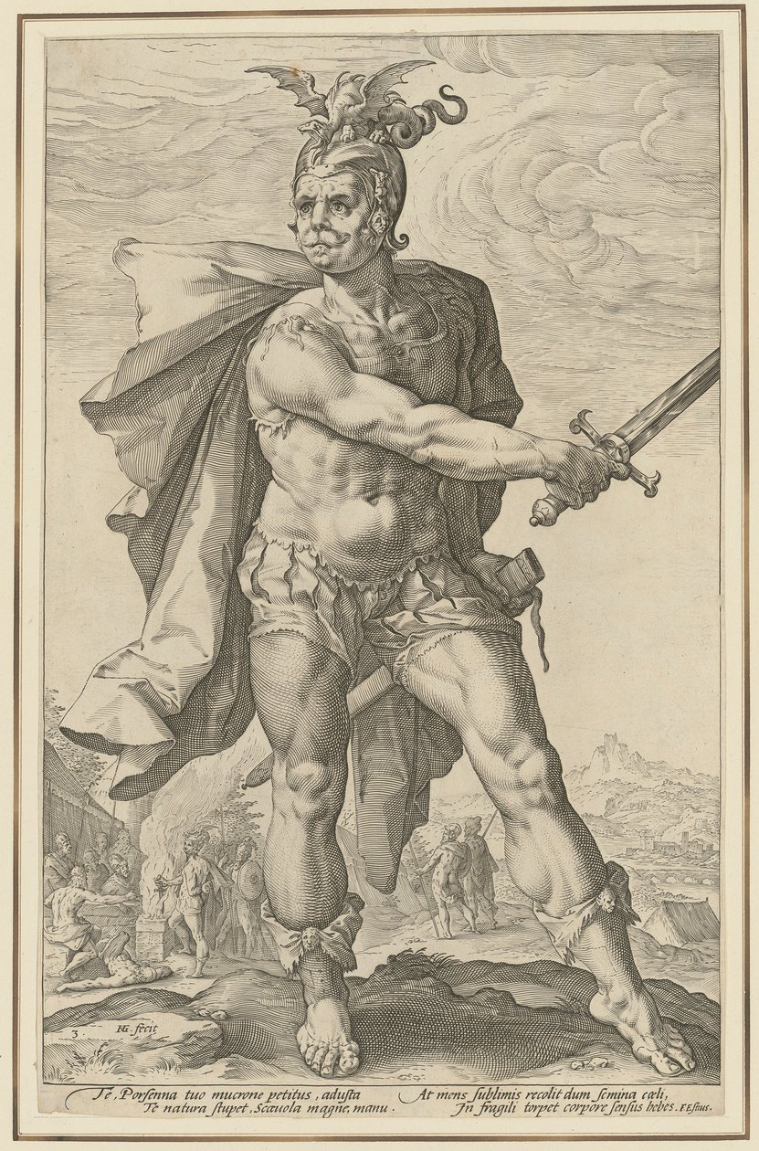 Mucius Scaevola, sarjan ”Roomalaiset sankarit” 3. sivu tekijältä Hendrick Goltzius