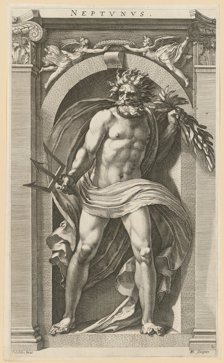 Neptunus, sarjan ”Kahdeksan antiikin jumaluutta” 2. sivu tekijältä Hendrick Goltzius