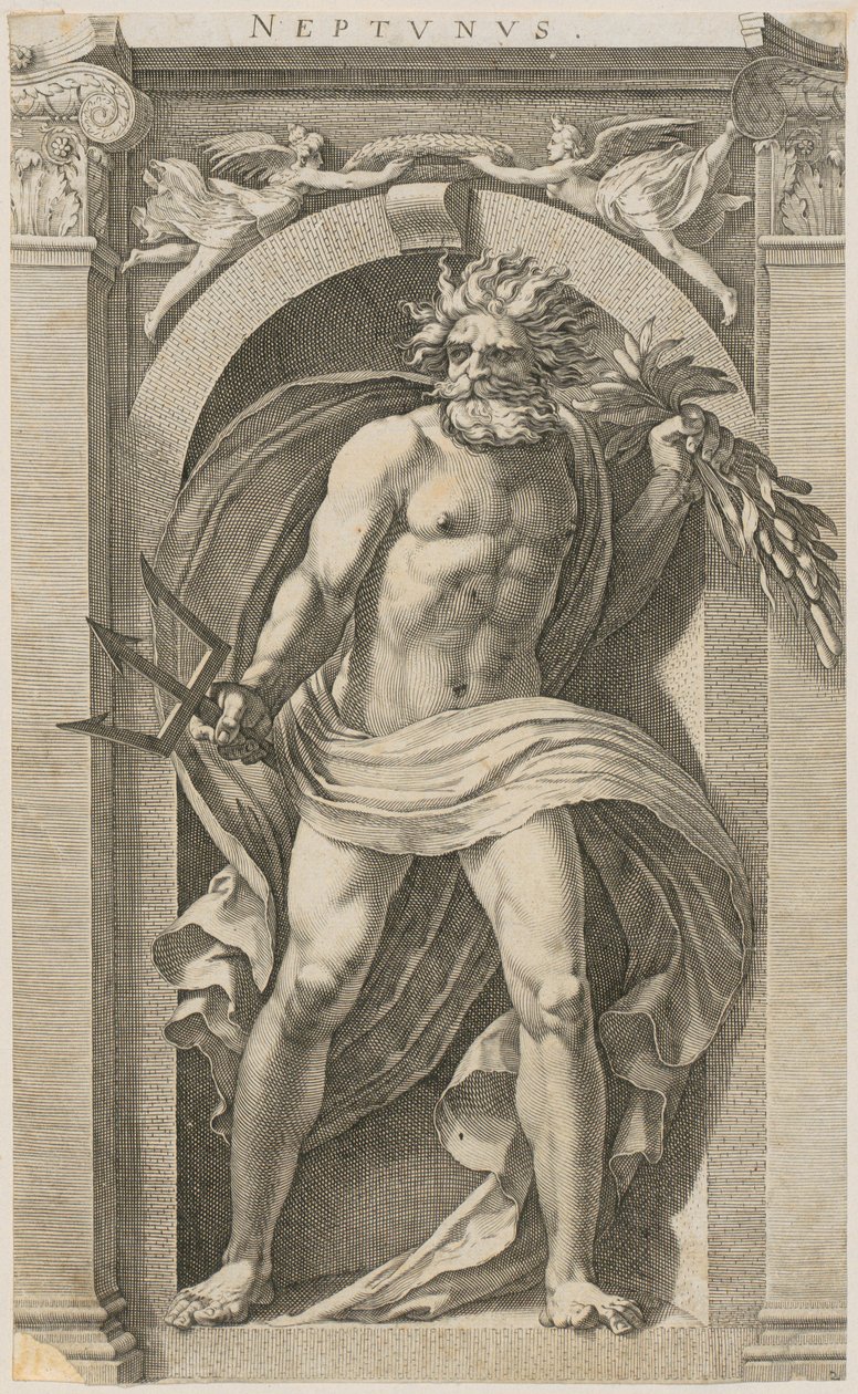 Neptunus, sarjan ”Kahdeksan antiikin jumaluutta” 2. sivu tekijältä Hendrick Goltzius